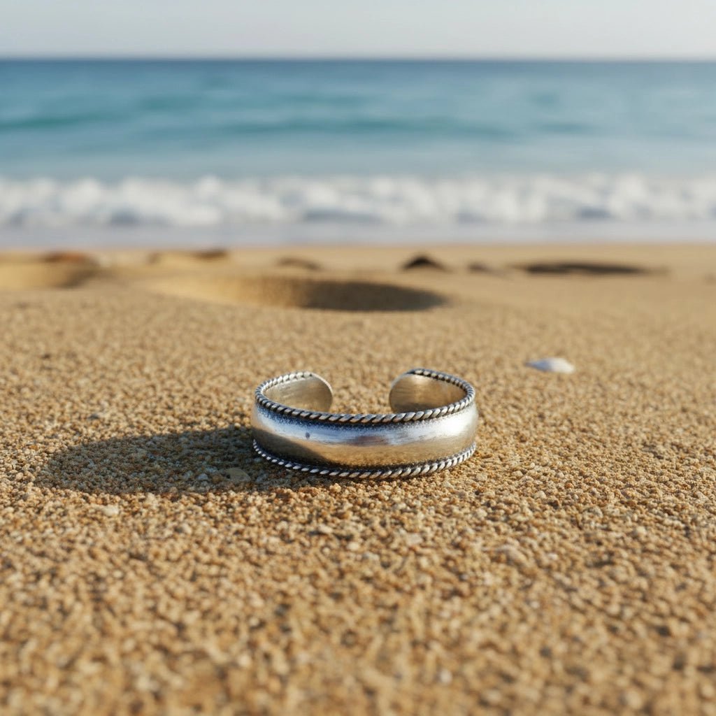Sterling Silver toe ring on sand with ocean in the background