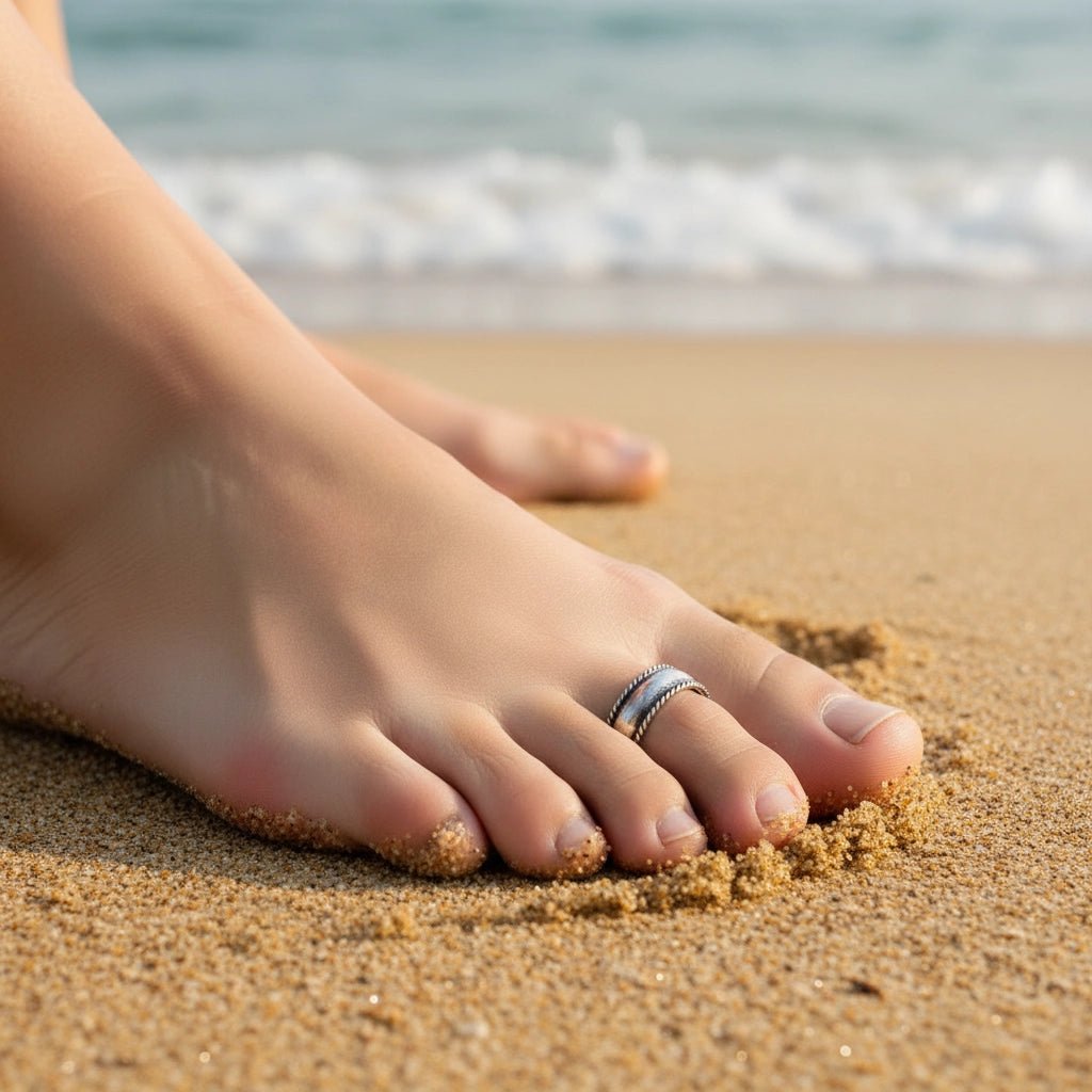 Foot with a sterling silver toe ring on a sandy beach