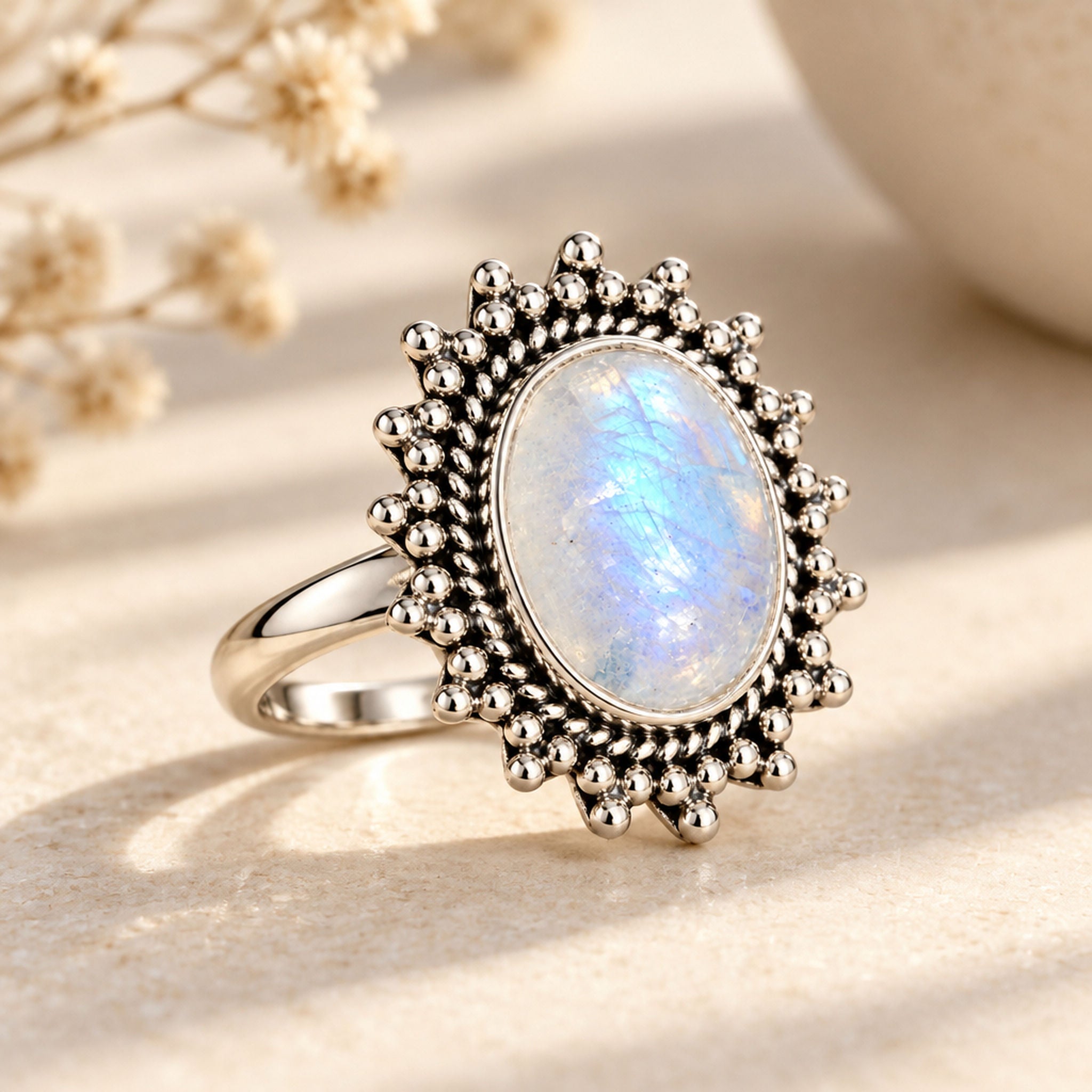 Silver moonstone sun ring with sun-ray detail on a textured white background
