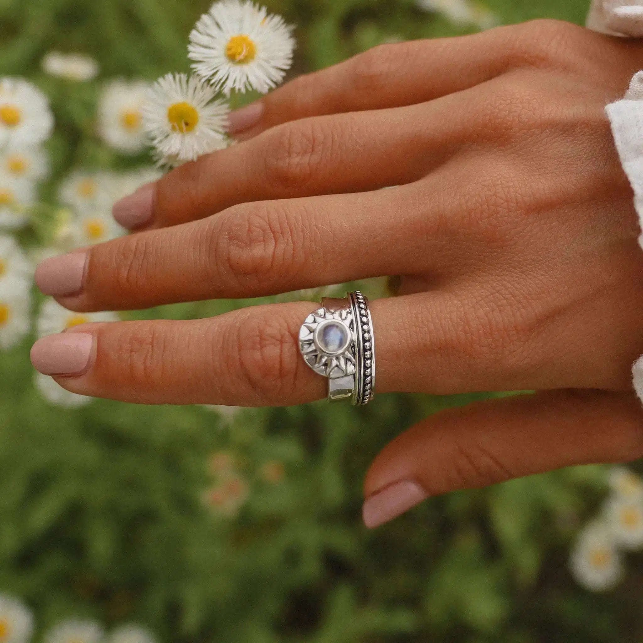 sterling silver sunrise moonstone ring being worn
