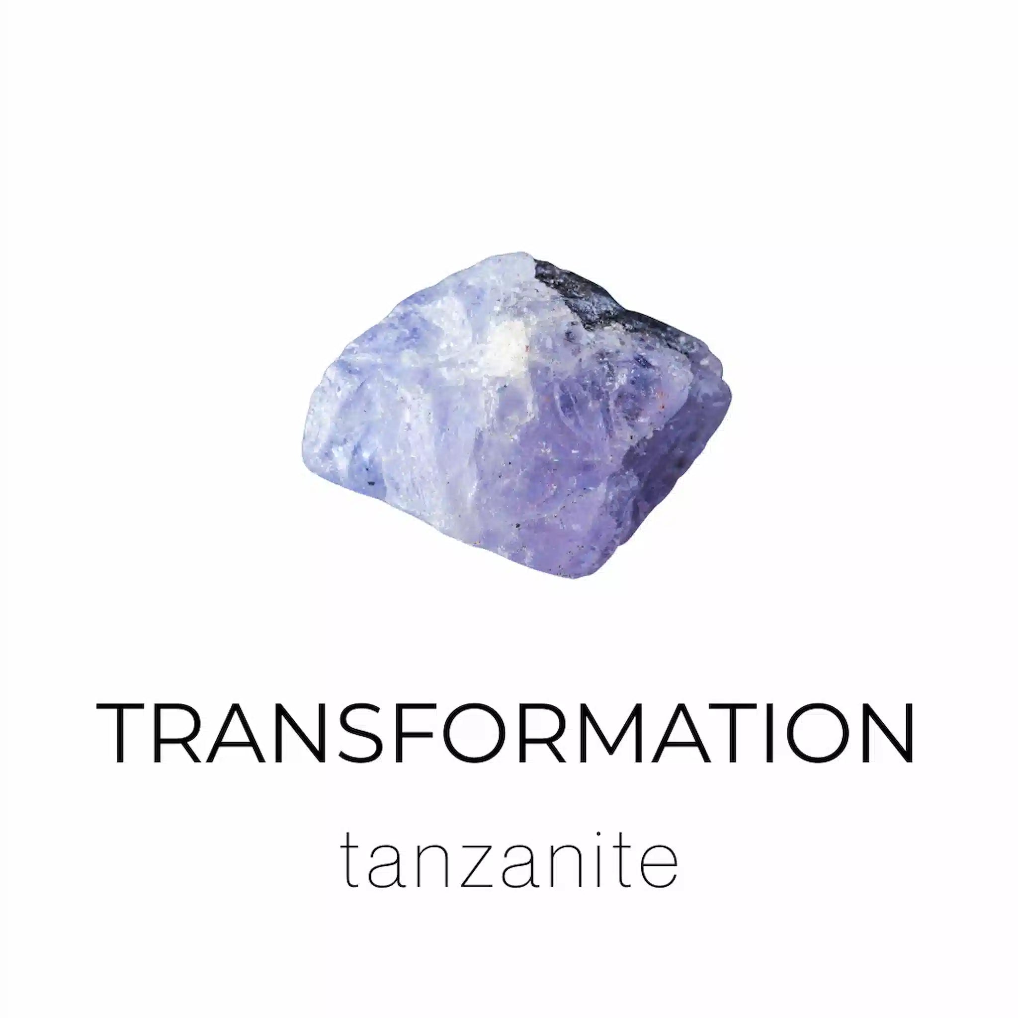 Raw tanzanite crystal on a white background with 'Transformation' text.