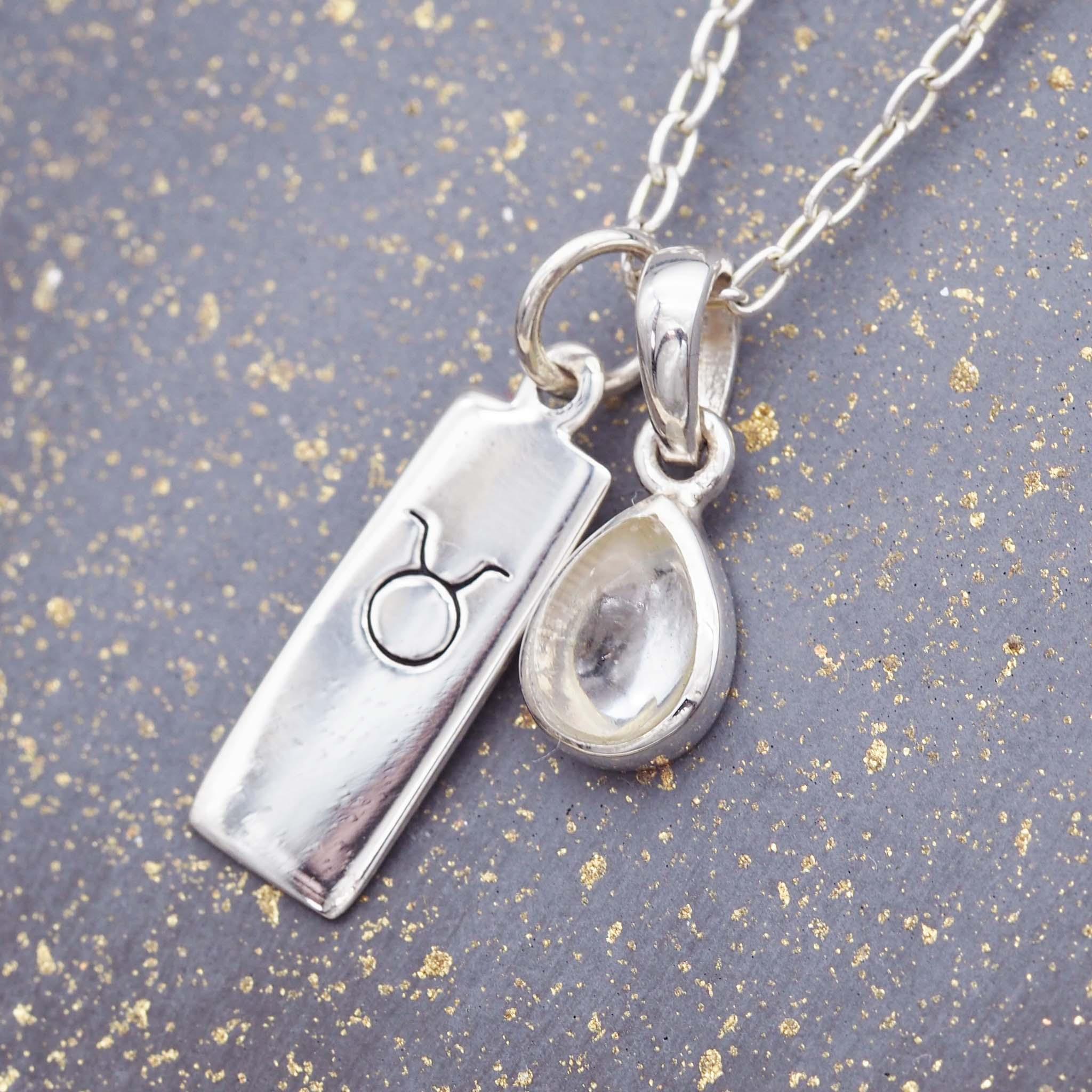 silver Zodiac Taurus pendant and April Birthstone herkimer quartz Necklace by australian jewellery brand indie and harper