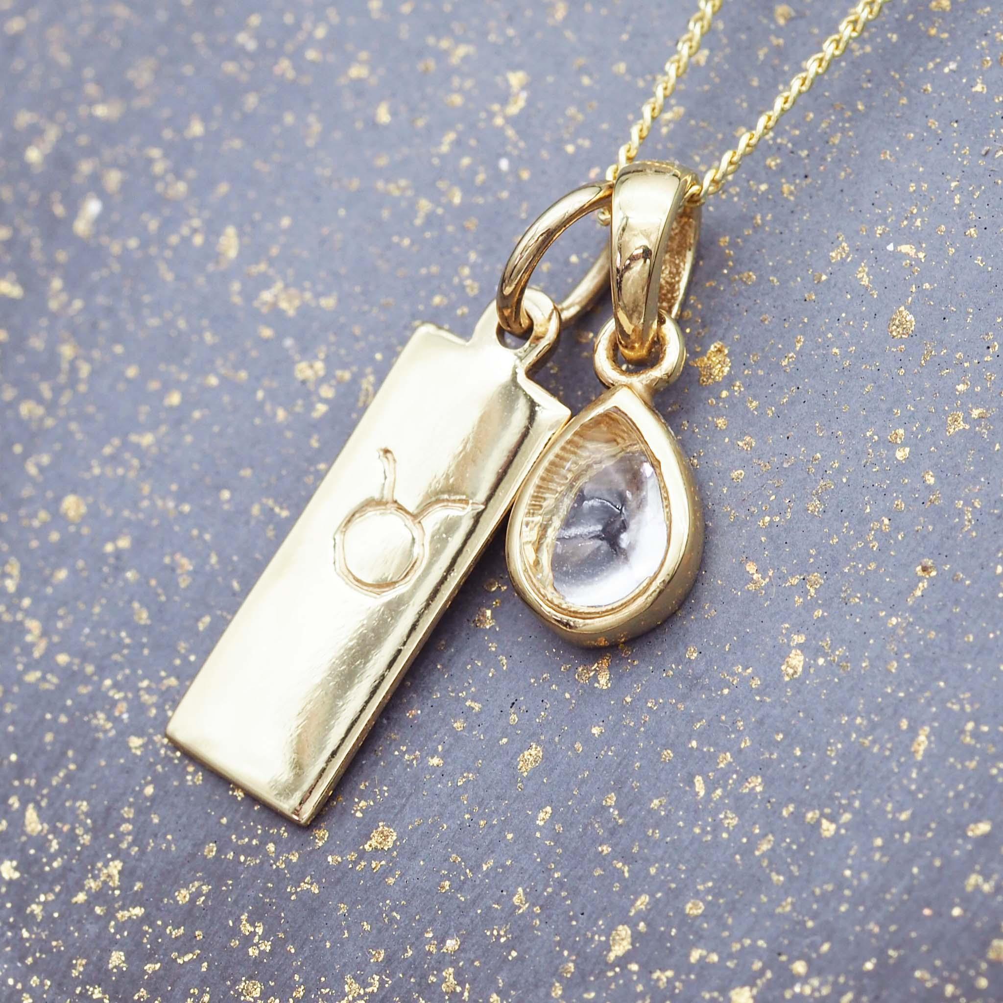 gold Zodiac Taurus pendant and April Birthstone herkimer quartz Necklace by australian jewellery brand indie and harper