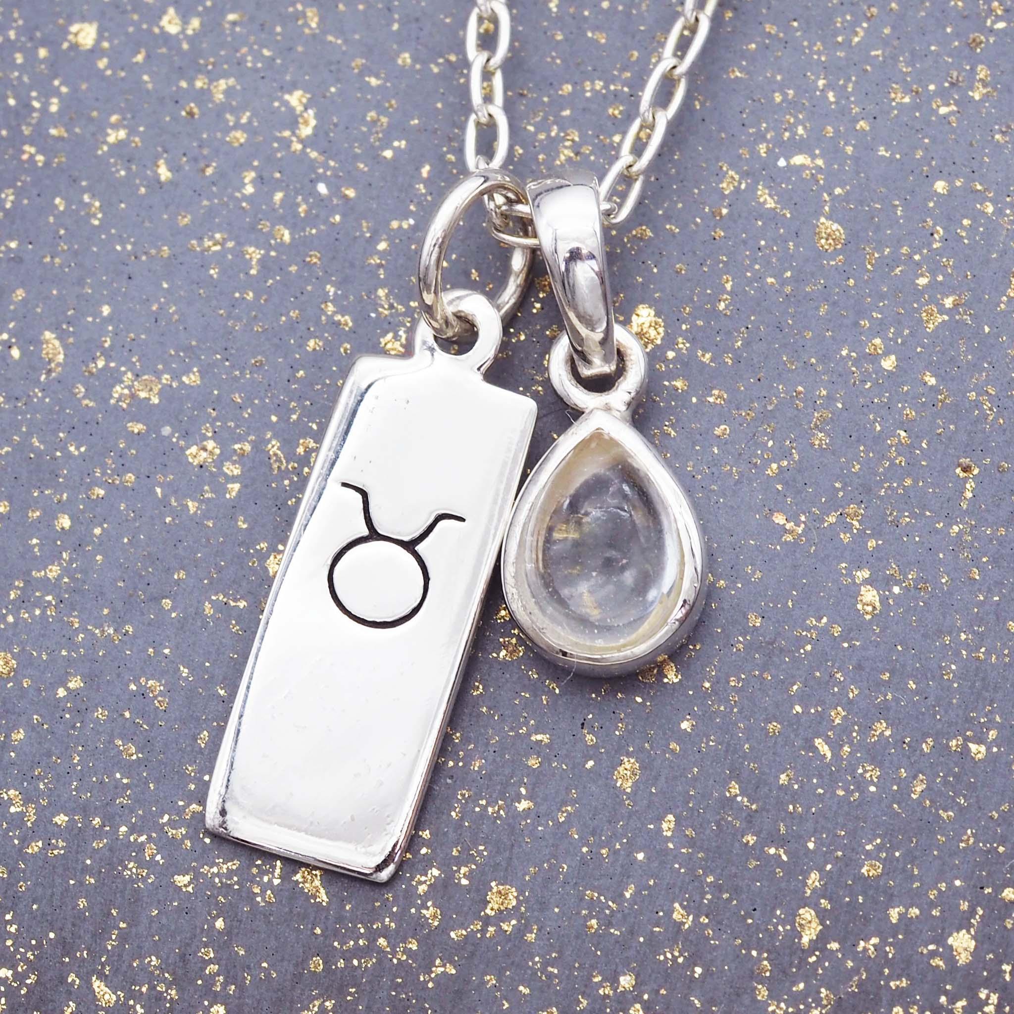 silver Zodiac Taurus pendant and April Birthstone herkimer quartz Necklace by australian jewellery brand indie and harper