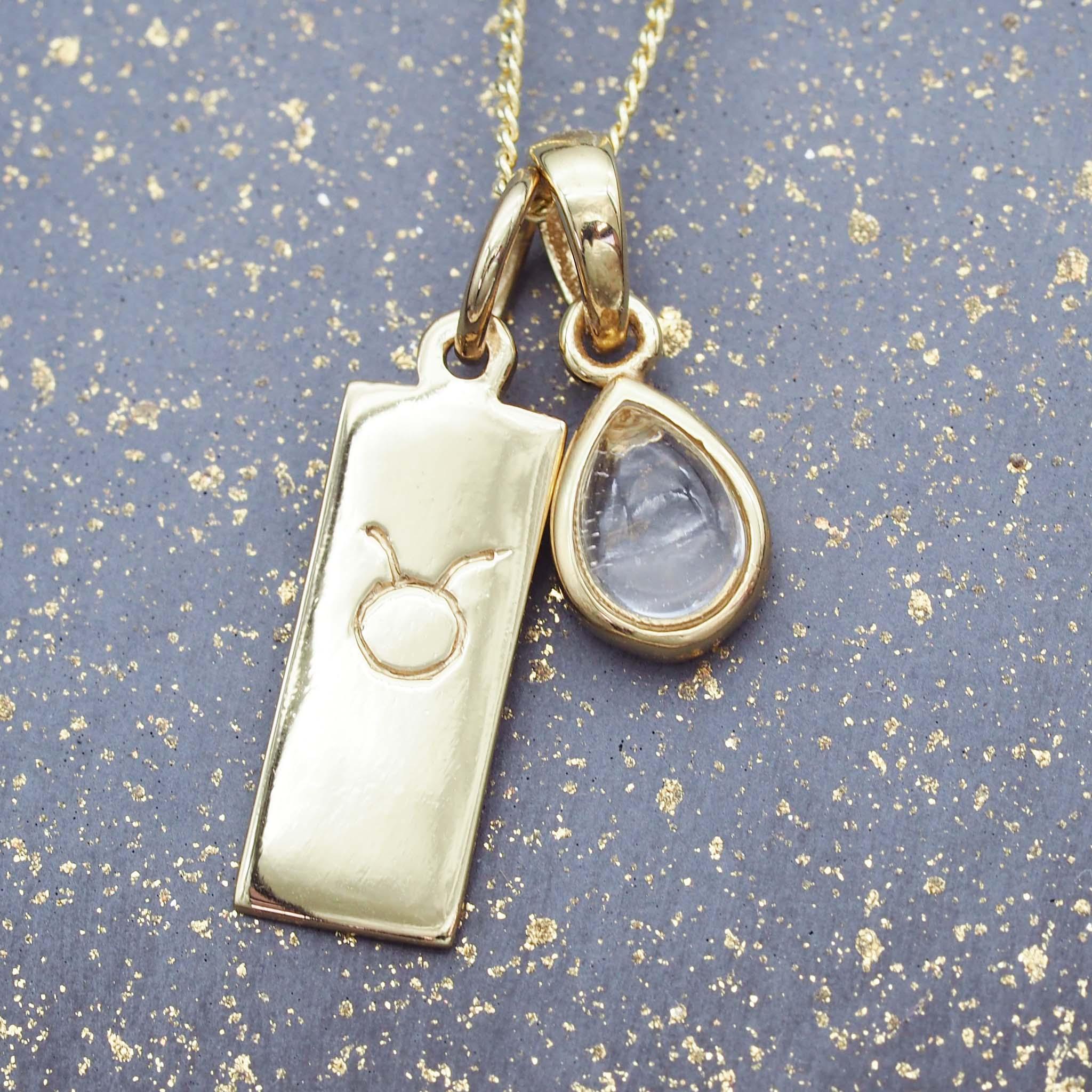 gold Zodiac Taurus pendant and April Birthstone herkimer quartz Necklace by australian jewellery brand indie and harper