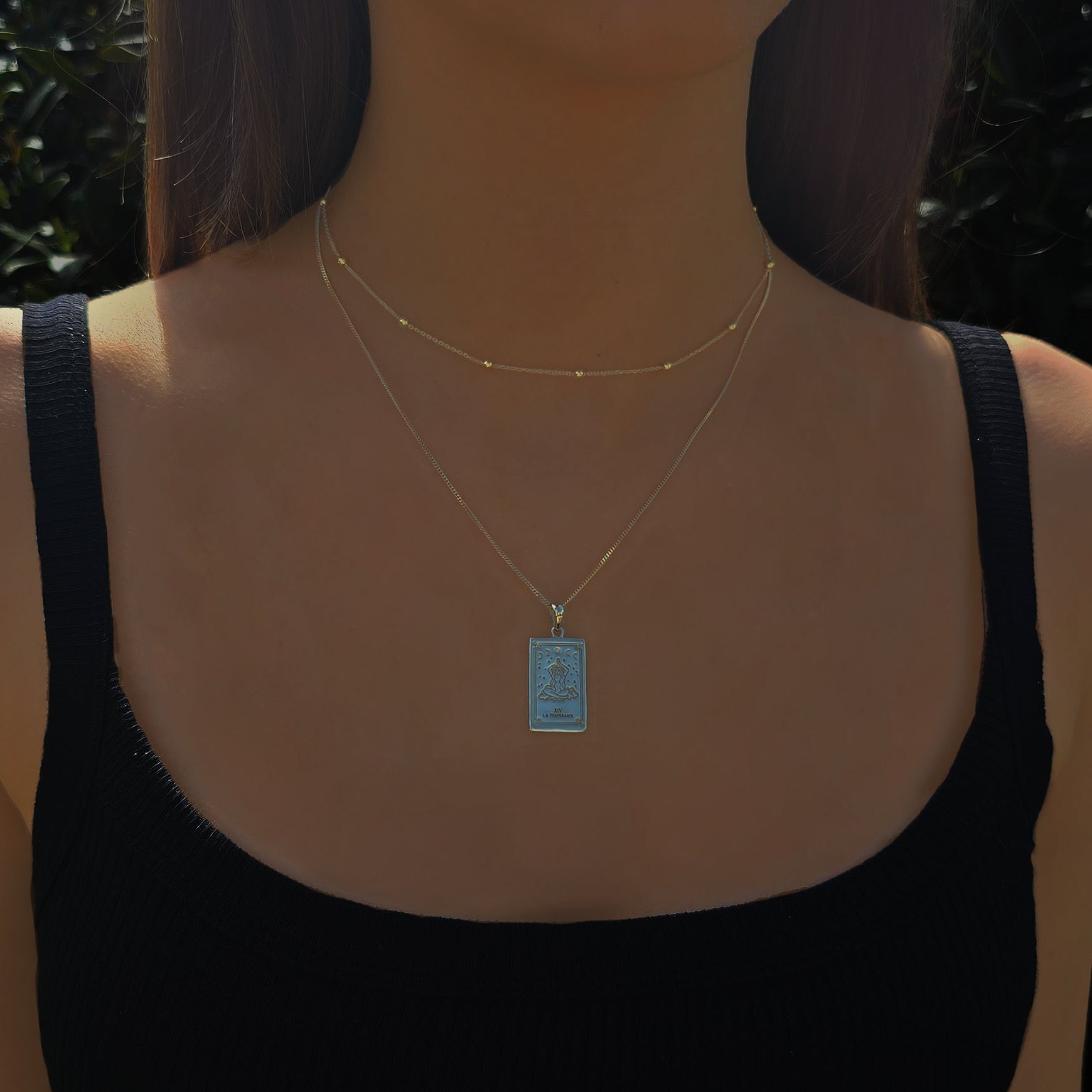 The Temperance Tarot Necklace being worn - indie and harper unique jewellery australia