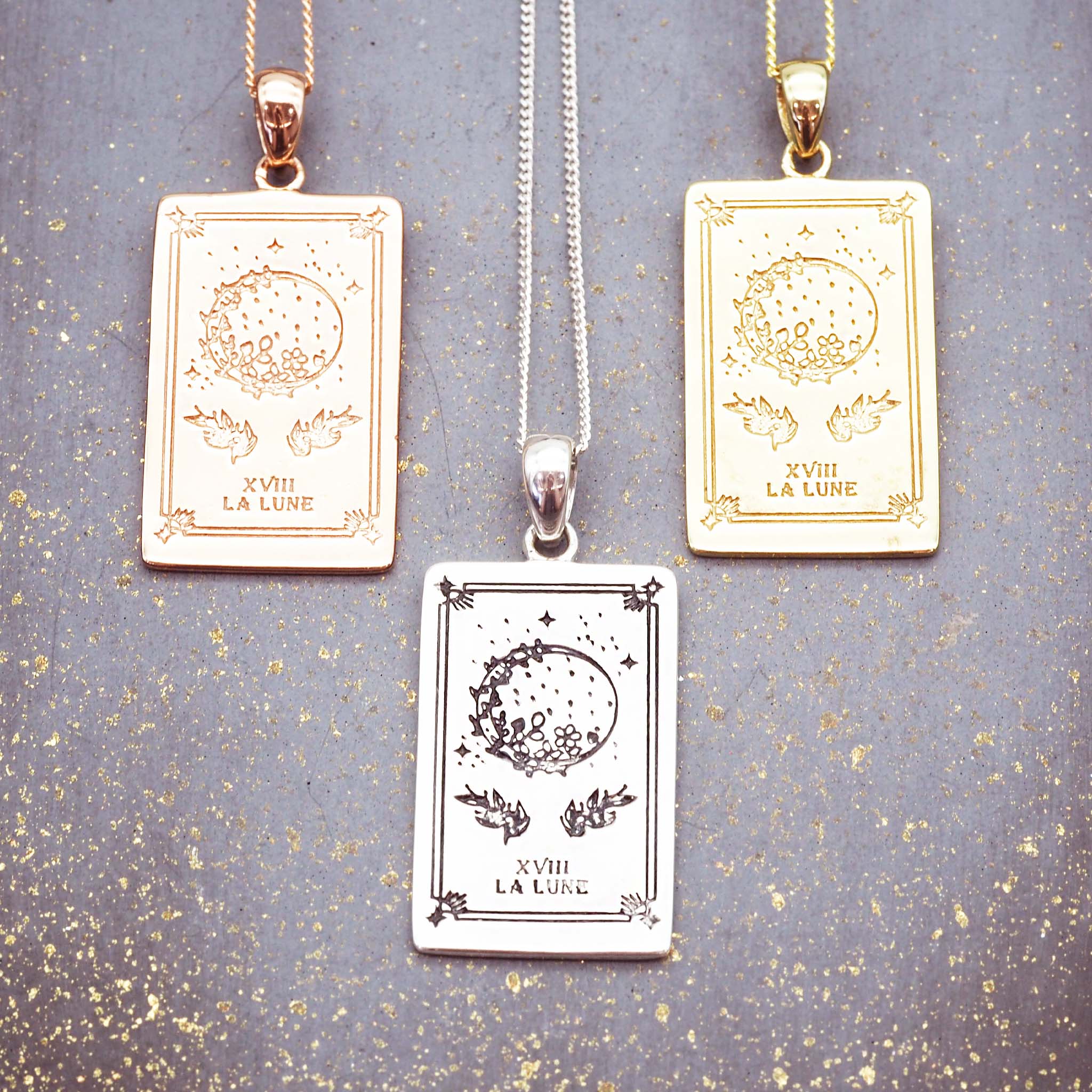 the moon tarot necklaces in silver, gold and rose gold - tarot jewellery by boho jewellery brand indie and harper