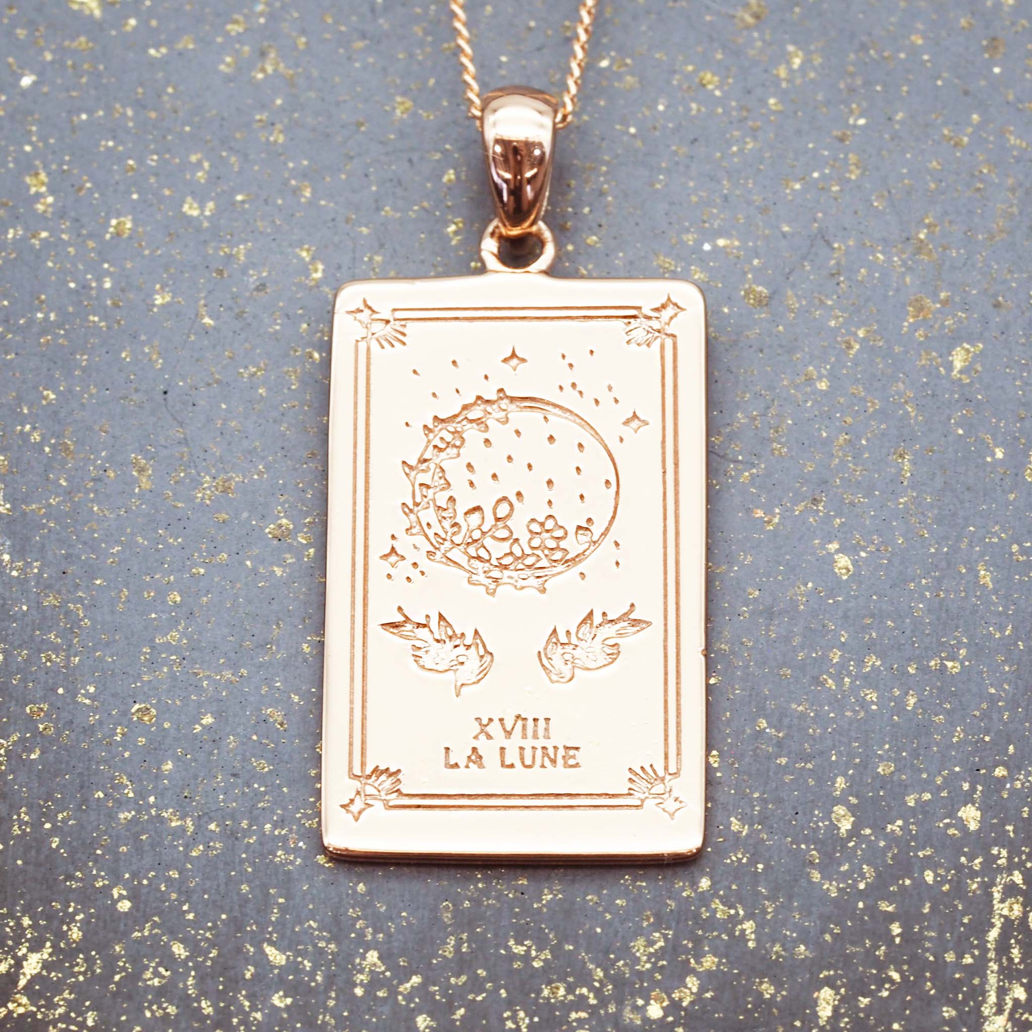 the moon tarot necklace in rose gold - tarot jewellery by boho jewellery brand indie and harper