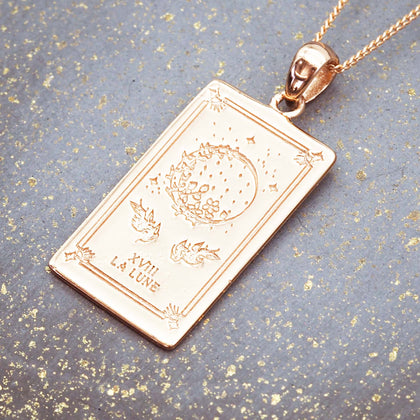 the moon tarot necklace in rose gold - tarot jewellery by boho jewellery brand indie and harper