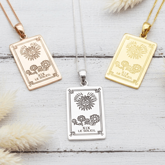 The sun tarot card necklaces in silver, gold and rose gold 