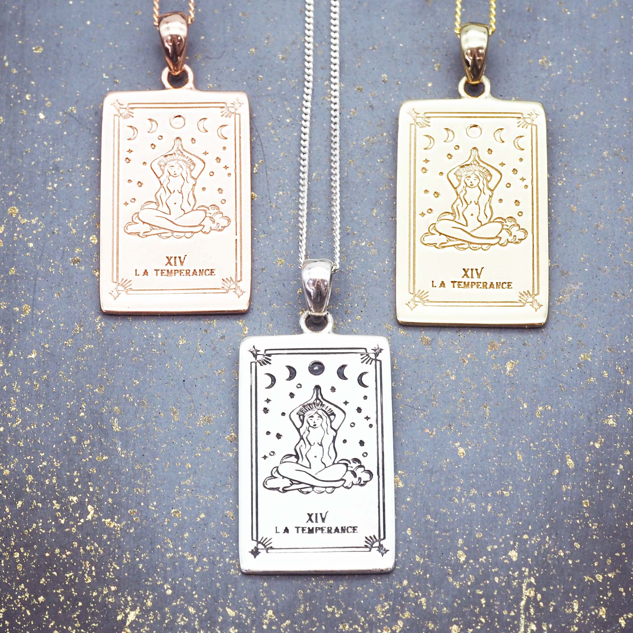 temperance tarot necklaces in - sterling silver, gold and rose gold - tarot jewellery by Australian jewellery brands indie and harper