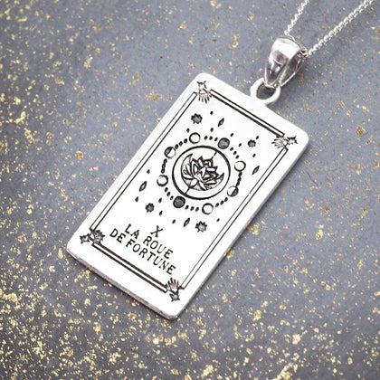 the wheel of fortune tarot card necklace in sterling silver - tarot jewellery by boho jewelry brands indie and harper