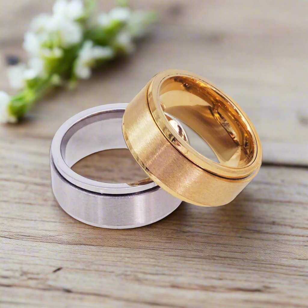 silver and gold titanium meditation Spinning Rings - waterproof jewellery by indie and harper