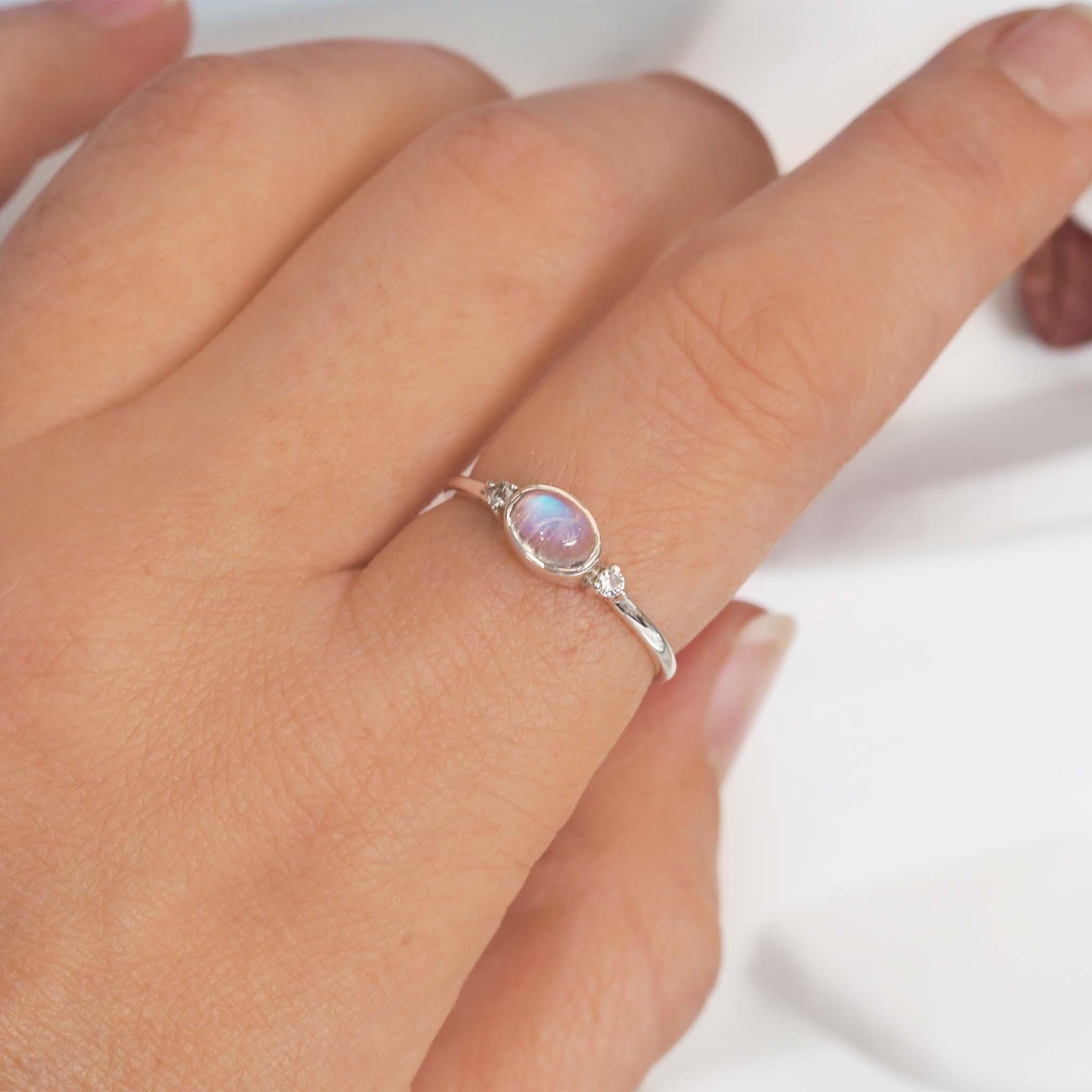 Indie and Harper sterling silver white topaz and moonstone ring being worn - moonstone jewellery australia
