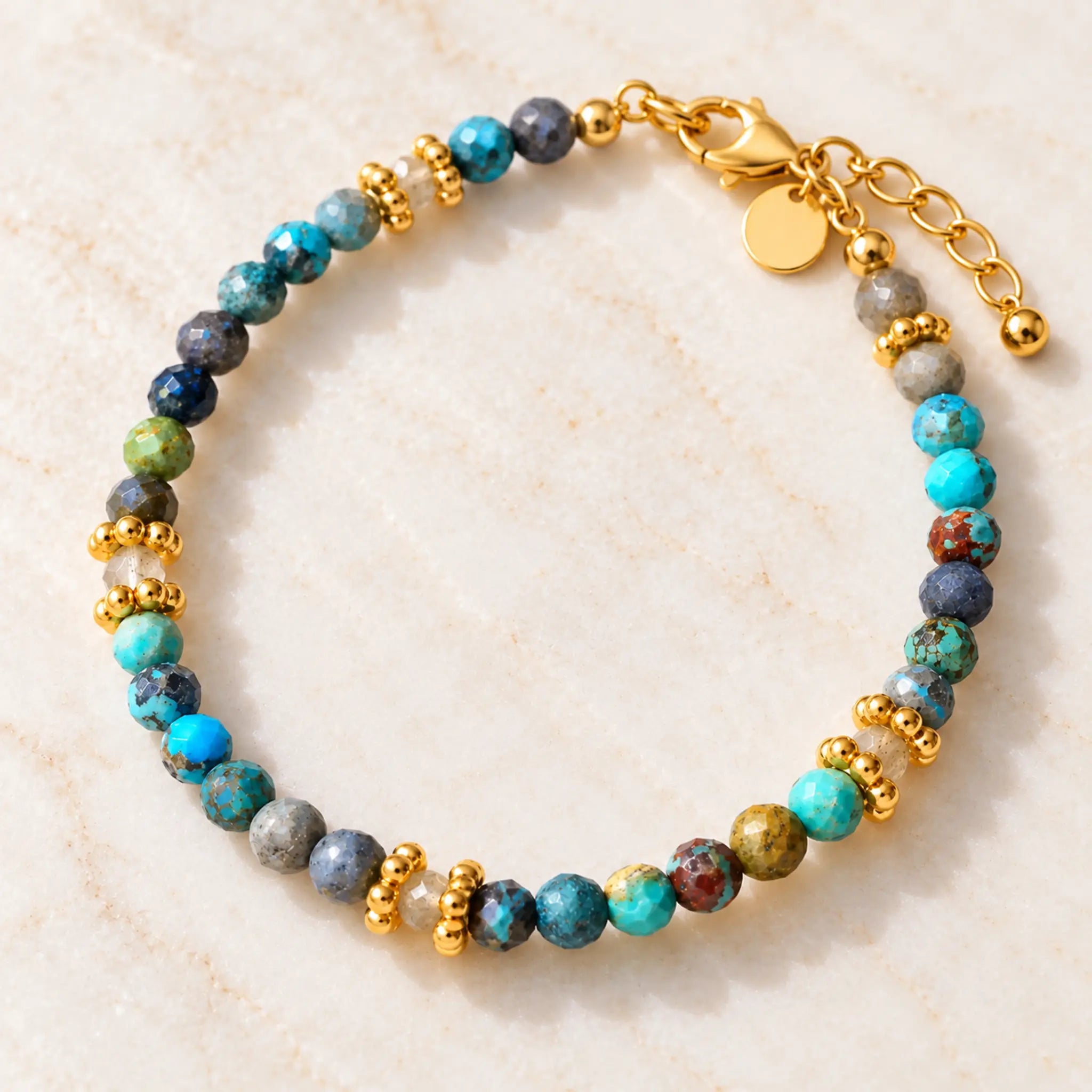 Turquoise and labradorite gold bracelet with lobster clasp and extender chain