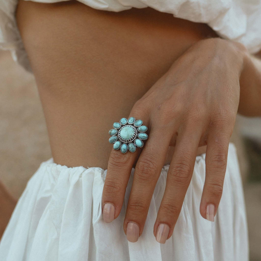 Woman wearing Cluster Turquoise Ring - womens turquoise jewellery by indie and harper