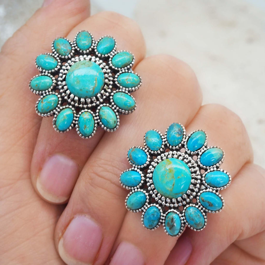 Statement Turquoise Rings being worn - womens turquoise jewellery by indie and harper