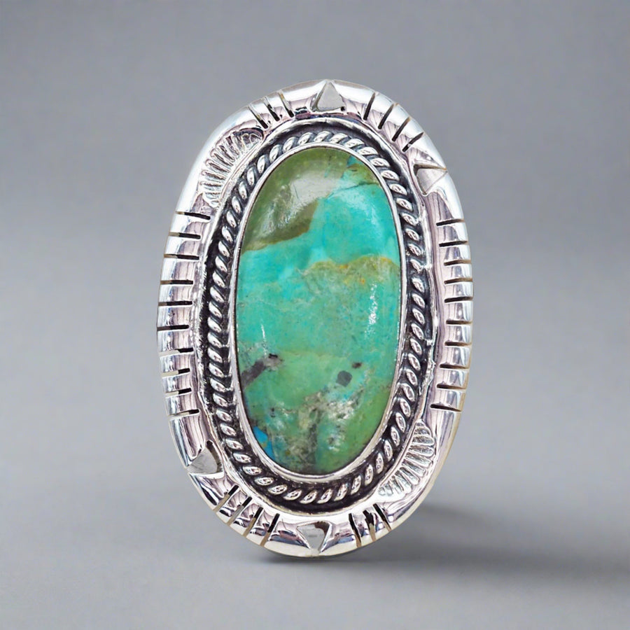 Turquoise Ring with green seafoam and brown colours- womens turquoise jewellery by indie and harper
