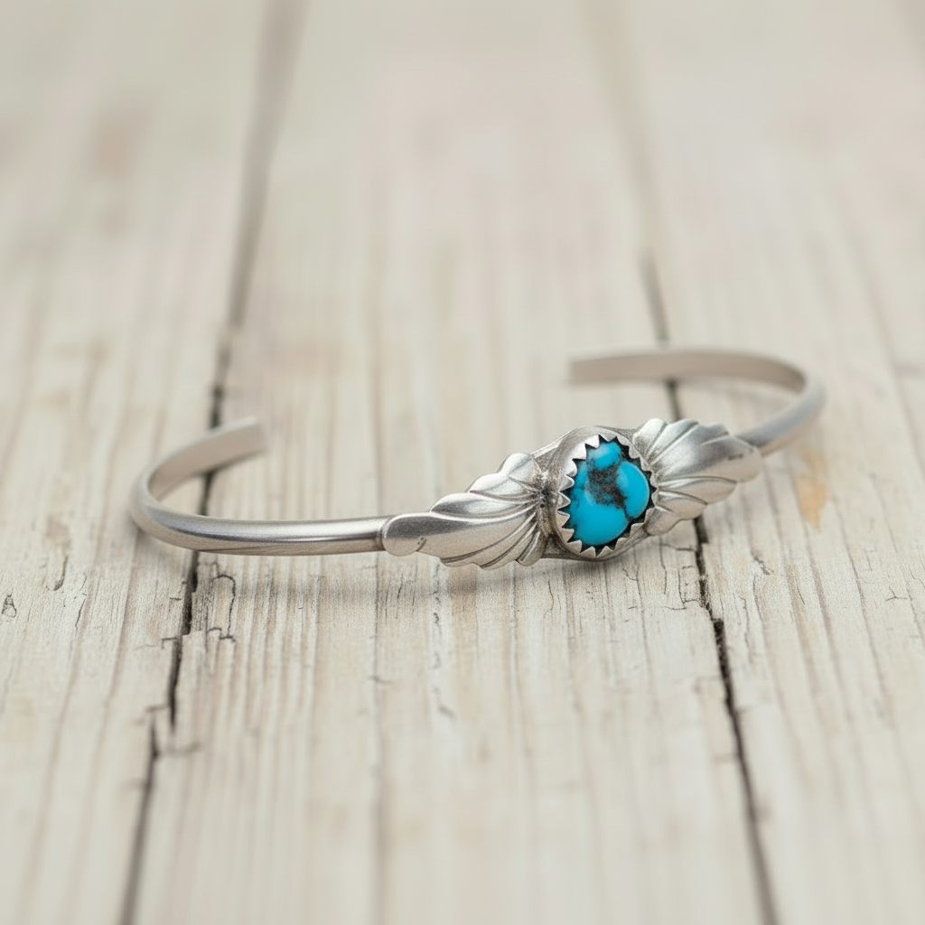Silver bracelet with a turquoise stone on a white background