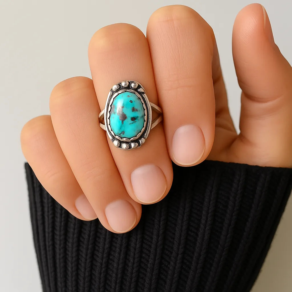 Turquoise ring on a finger with a neutral background