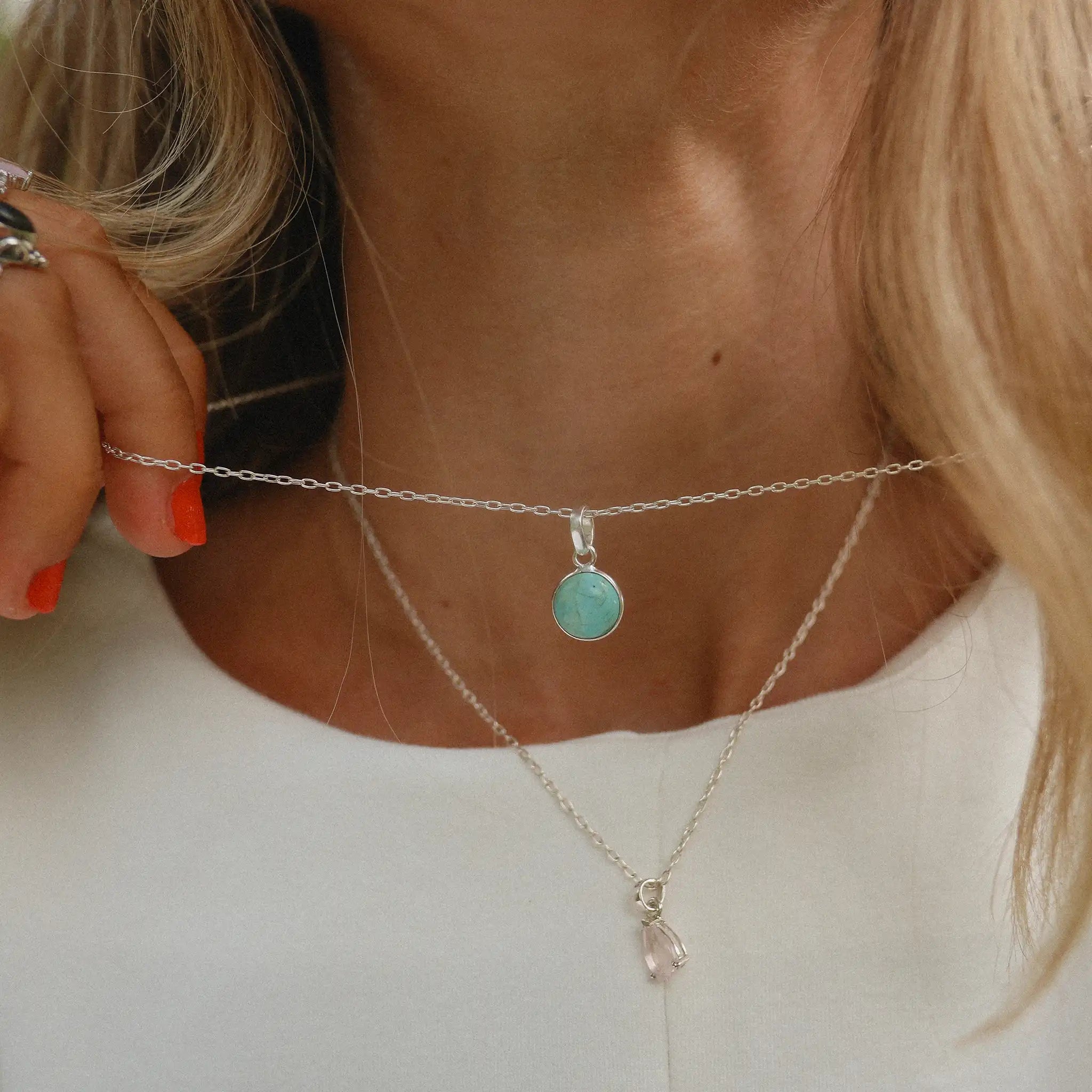 sterling silver turquoise necklace being worn - turquoise jewellery by australian jewellery brands online indie and harper