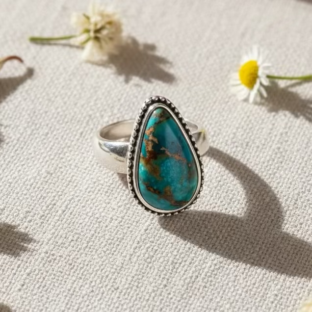 Hand holding a turquoise stone ring on a wooden surface - indie and harper
