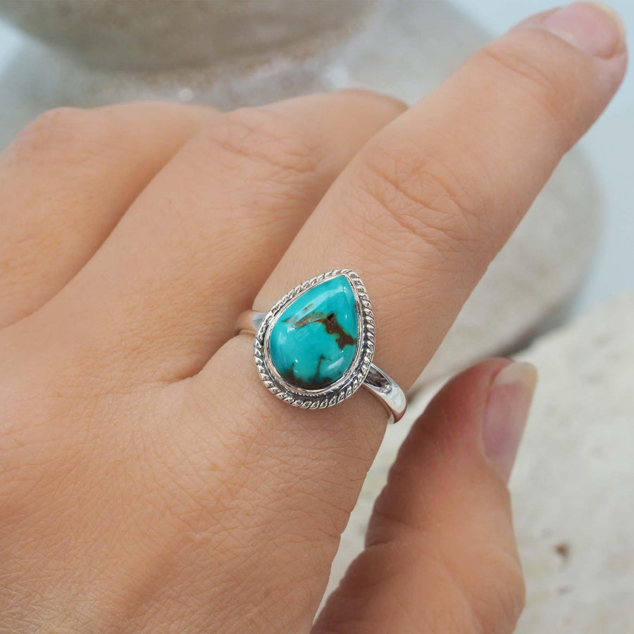 Turquoise Ring on woman’s finger - turquoise jewellery by Australian jewellery brand indie and harper