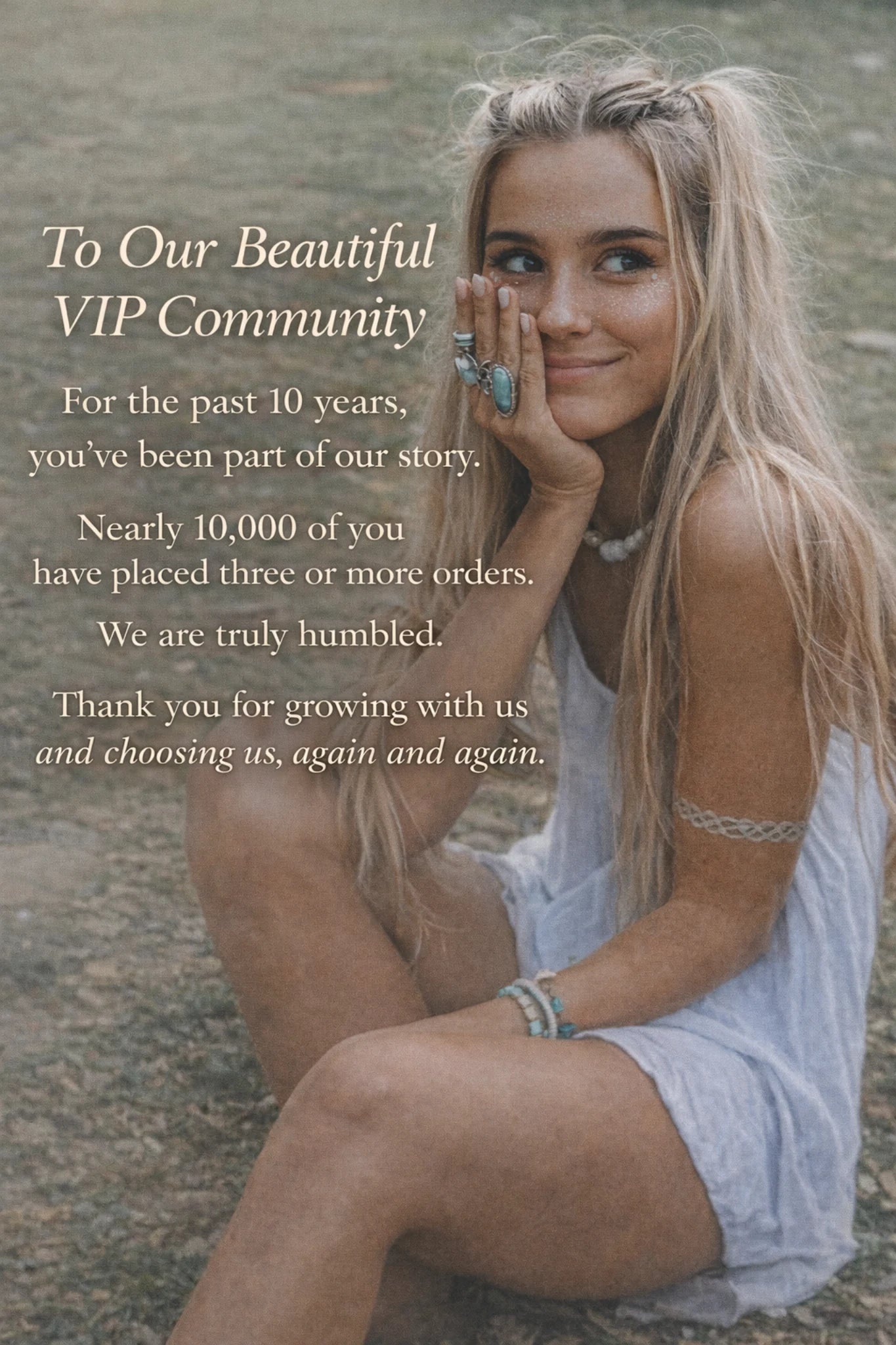 Woman sitting outdoors with text about a VIP community celebrating 10 years.