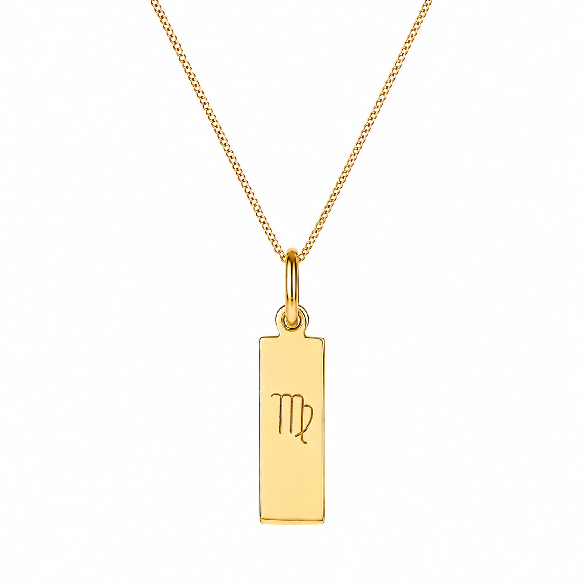 virgo zodiac necklace - A gold necklace featuring a rectangular pendant engraved with the Pisces zodiac symbol, suspended from a delicate gold chain against a solid white background.