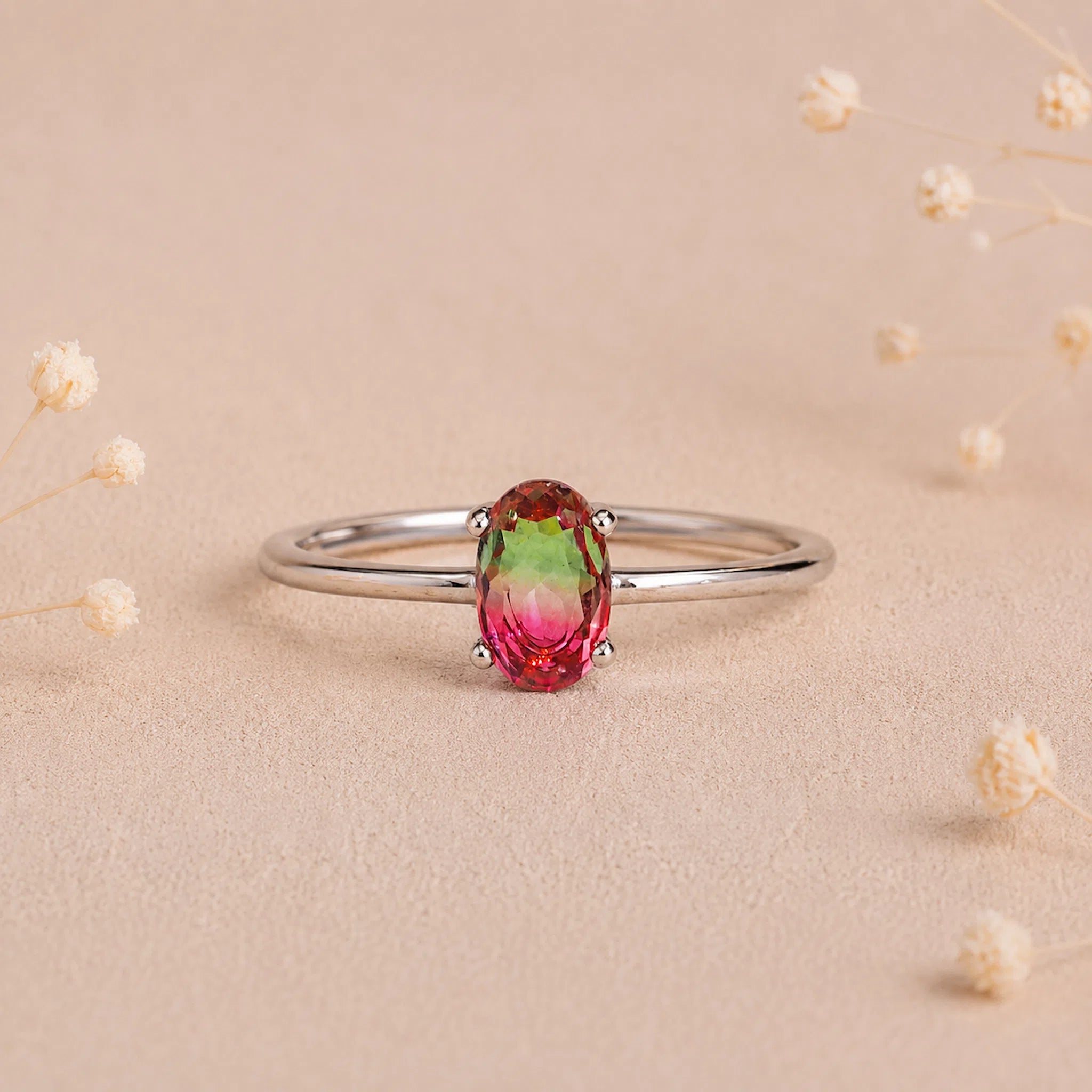 sterling silver watermelon tourmaline ring on a light background