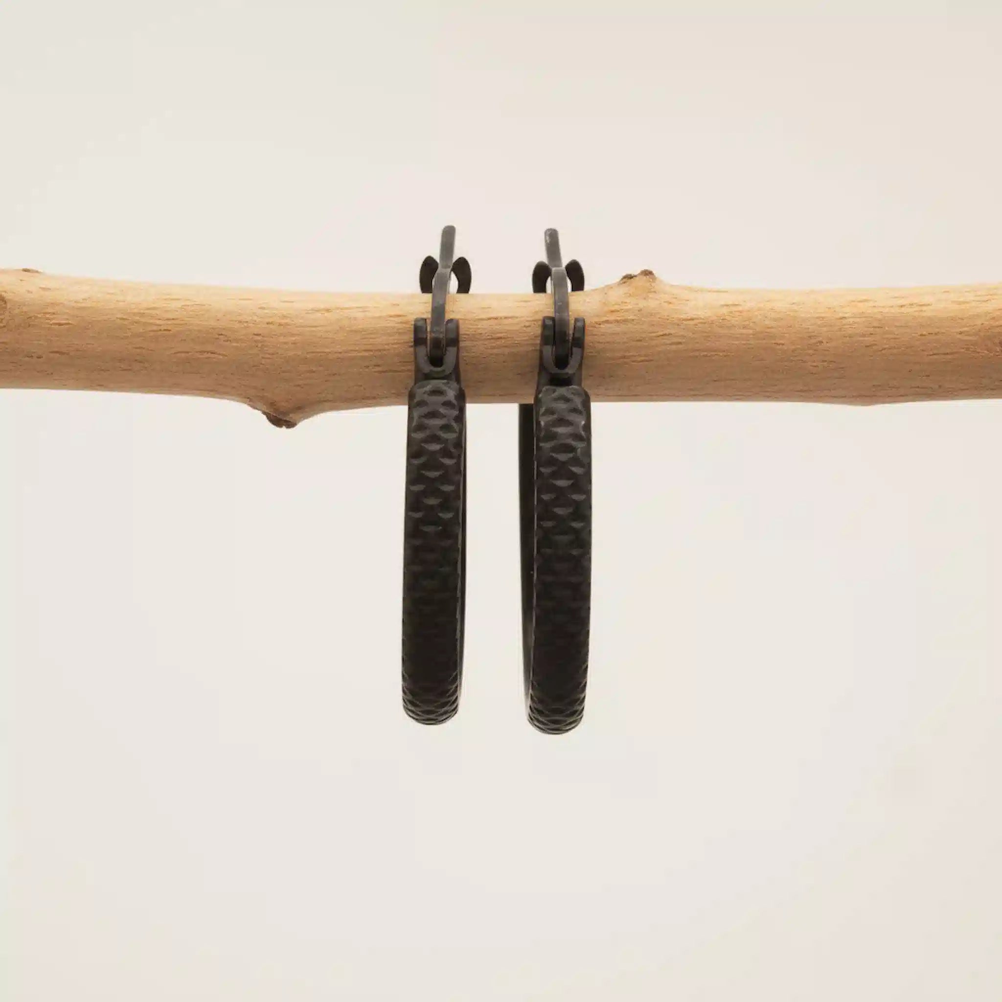 Black hoop earrings hanging on a branch against a beige background