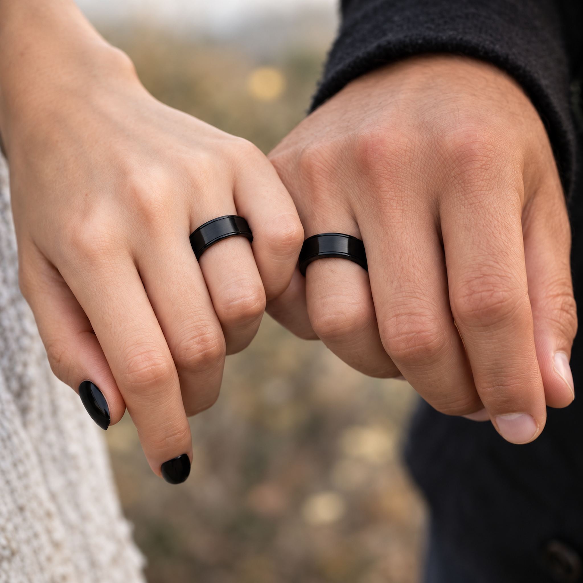 close up of couple wearing black spinner rings on hands styled as modern waterproof wedding bands