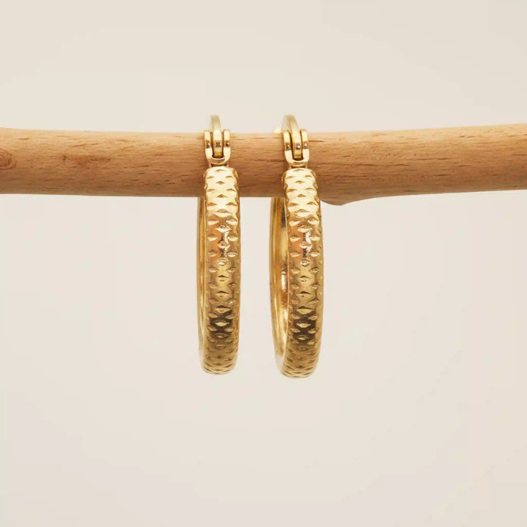 Gold hoop earrings on a wooden stick against a beige background