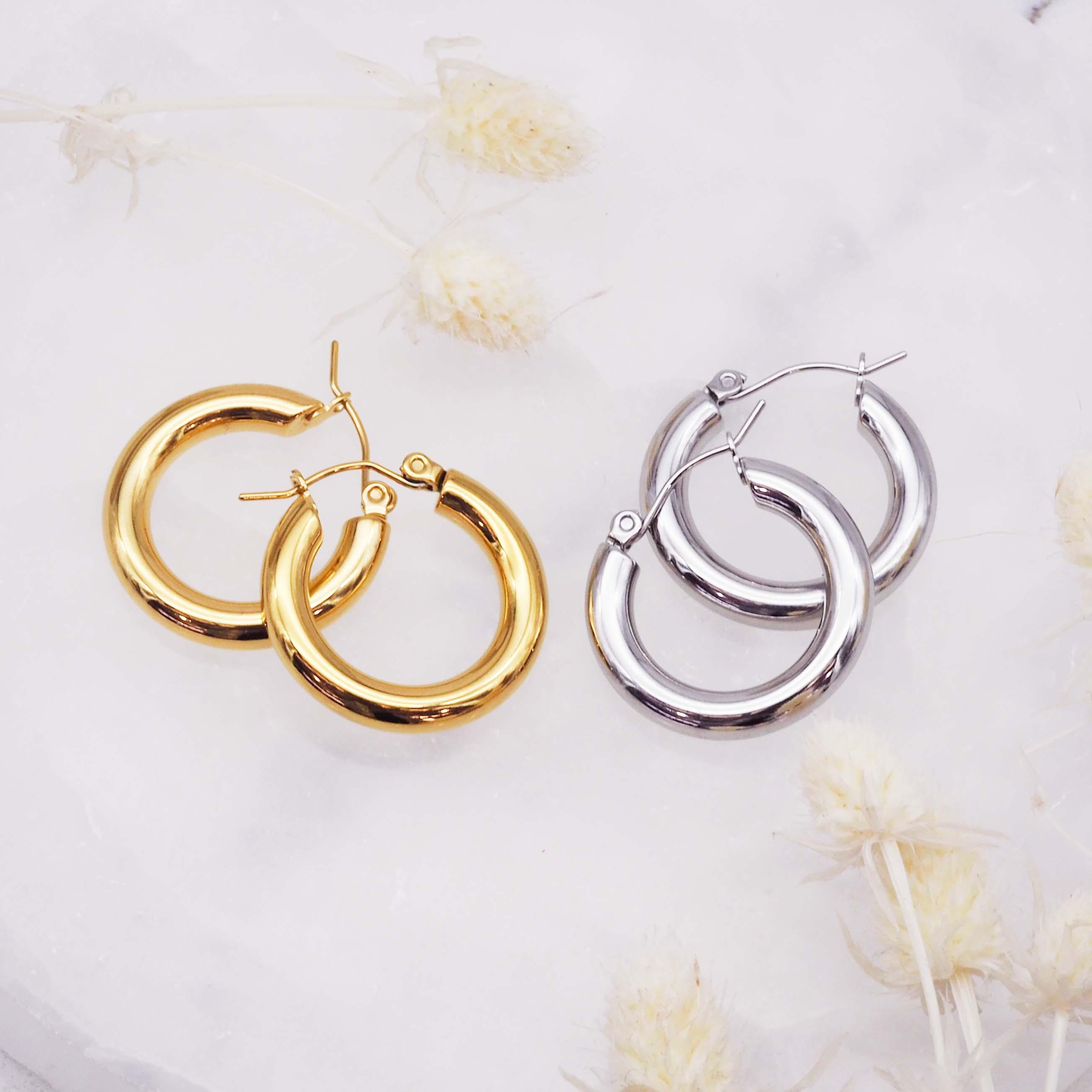 Indie and Harper gold hoop earrings and silver hoop earrings - waterproof jewellery