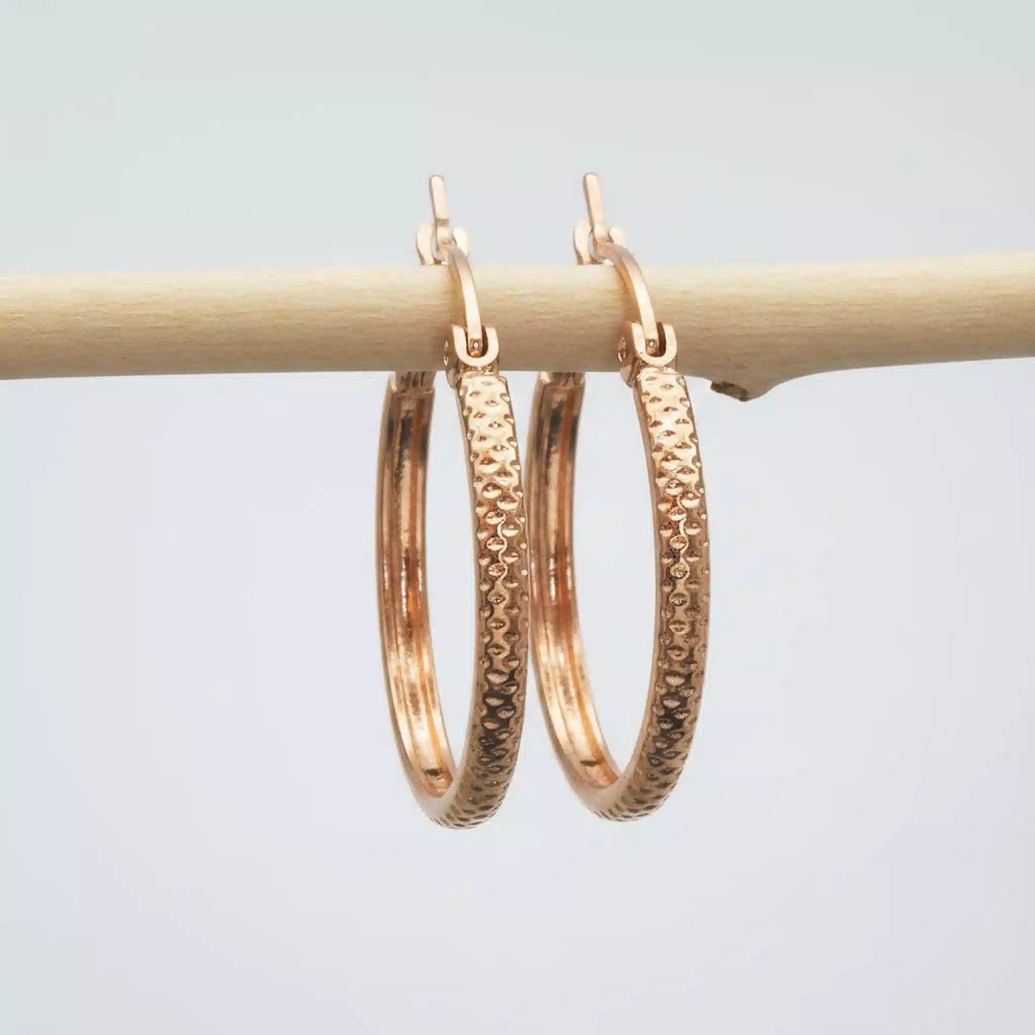 classic rose gold large waterproof hoop earrings in stainless steel hanging from a branch
