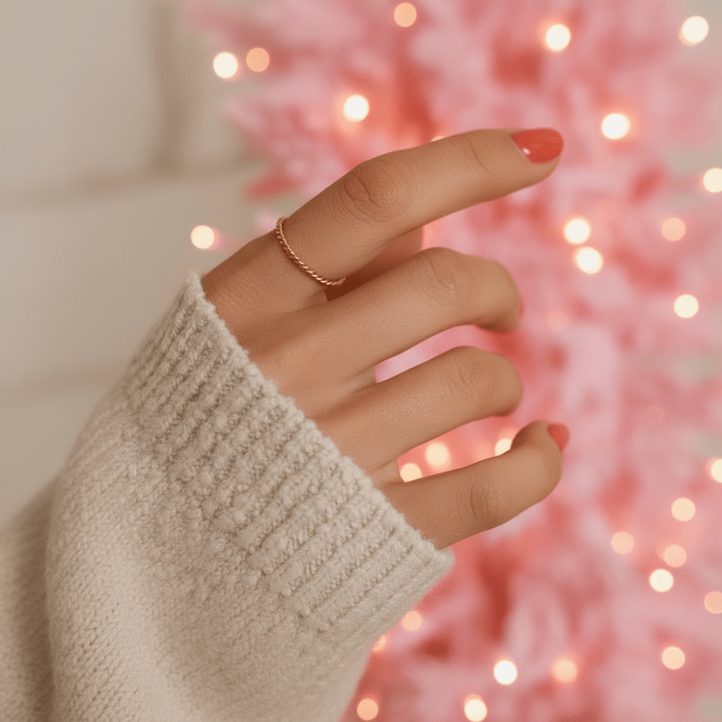 Hand wearing a stainless steel waterproof twisted rose gold stacker ring with a blurred pink light background 