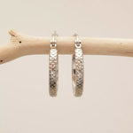 Silver hoop earrings hanging on a branch against a beige background