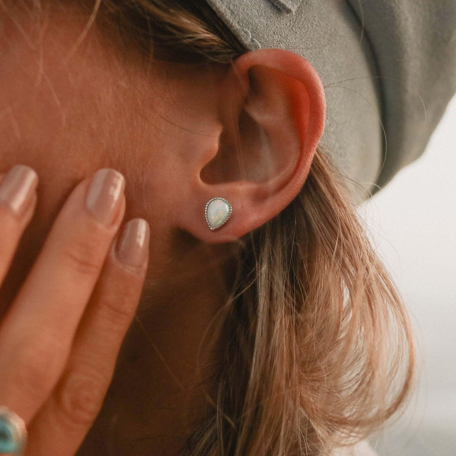 White Opal Earrings being worn - womens opal jewellery australia