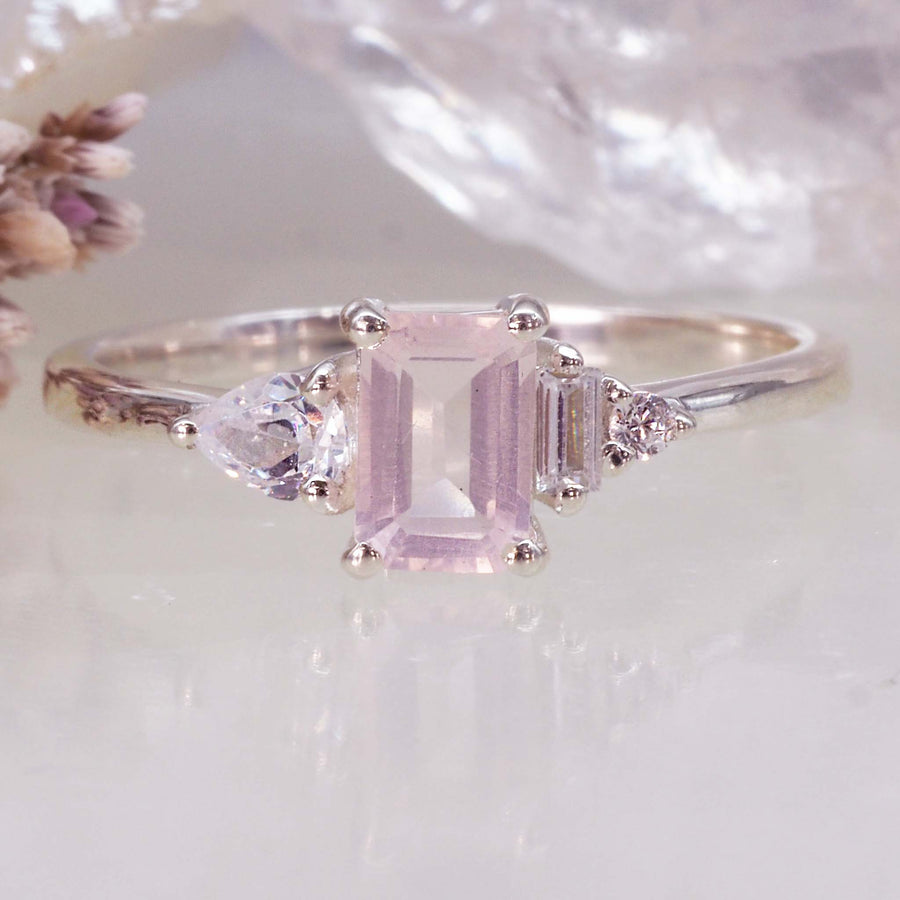 white topaz and rose quartz ring - women's rose quartz jewellery - promise rings by Australian jewellery brand