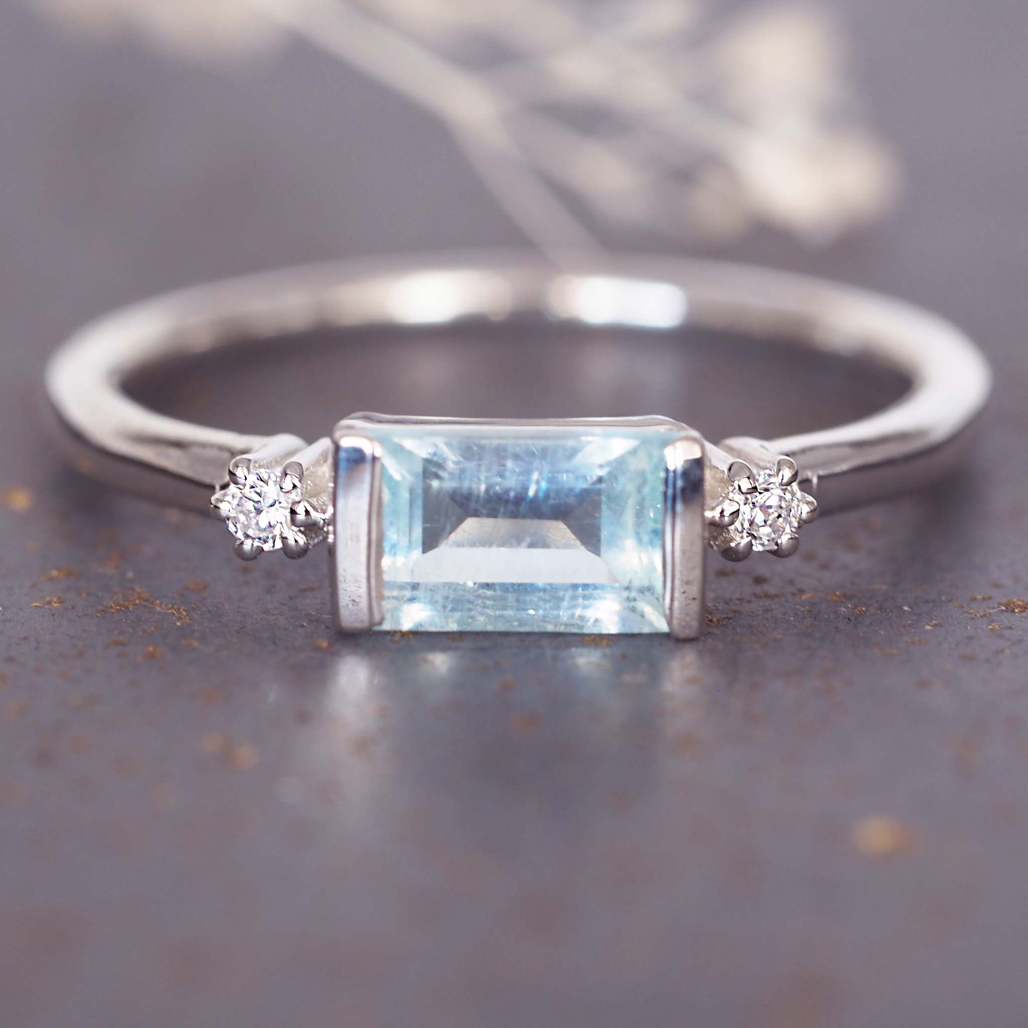 sterling silver aquamarine ring - emerald-cut natural aquamarine gemstone with white topaz accents