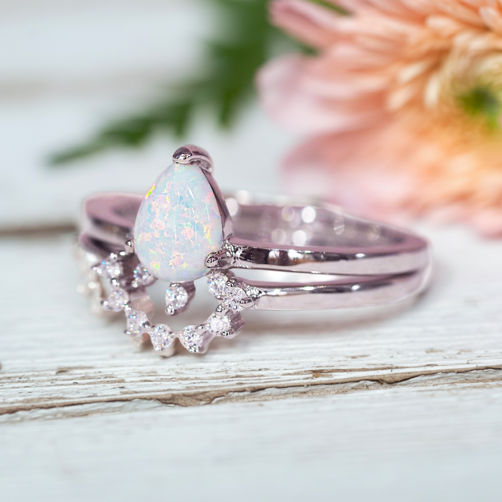 sterling silver opal ring with dainty cubic zirconias by indie and harper australia