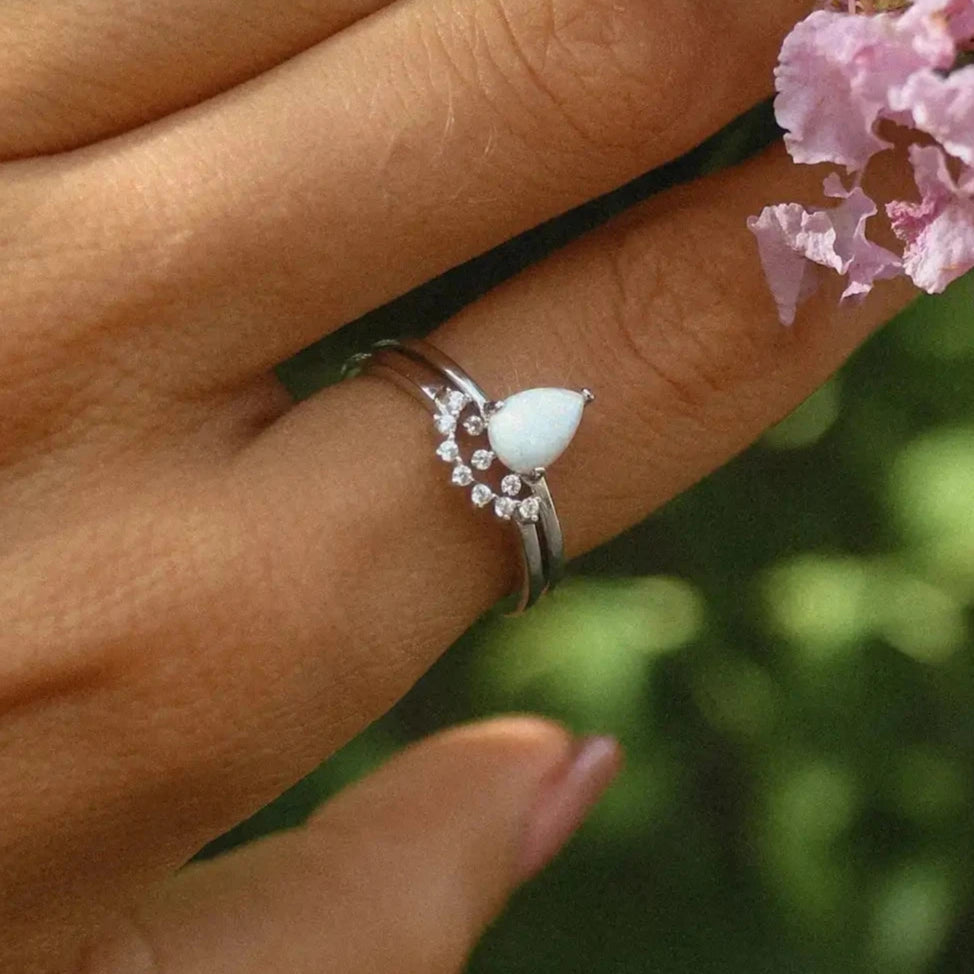 sterling silver stardust opal ring set being worn - opal jewellery by australian jewellery brands online indie and Harper