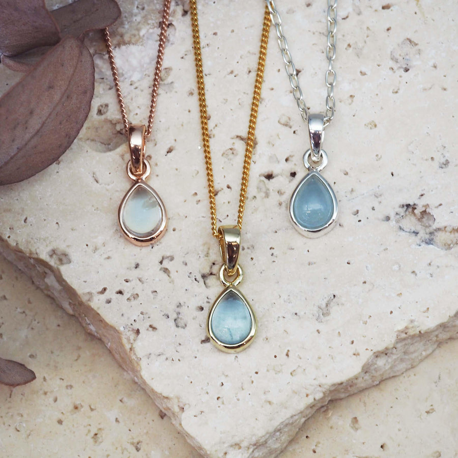 March birthstone necklaces with aquamarine gemstones in rose gold, gold and sterling silver - March birthstone jewellery Australia 