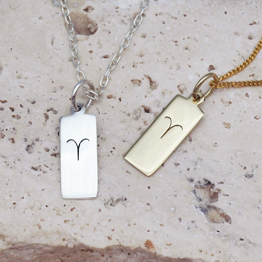 Aries star sign pendant necklaces in sterling silver and gold - zodiac jewellery 
