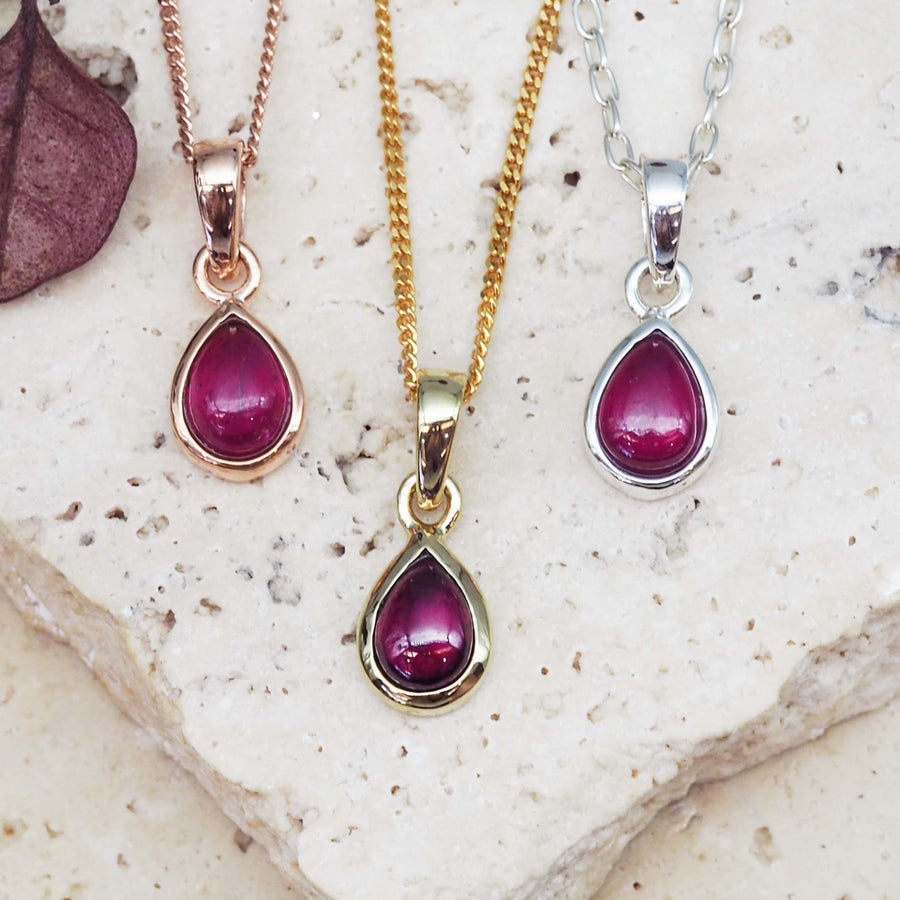 July Birthstone Necklaces with Ruby gemstones in Rose gold, gold and sterling silver - july birthstone jewellery