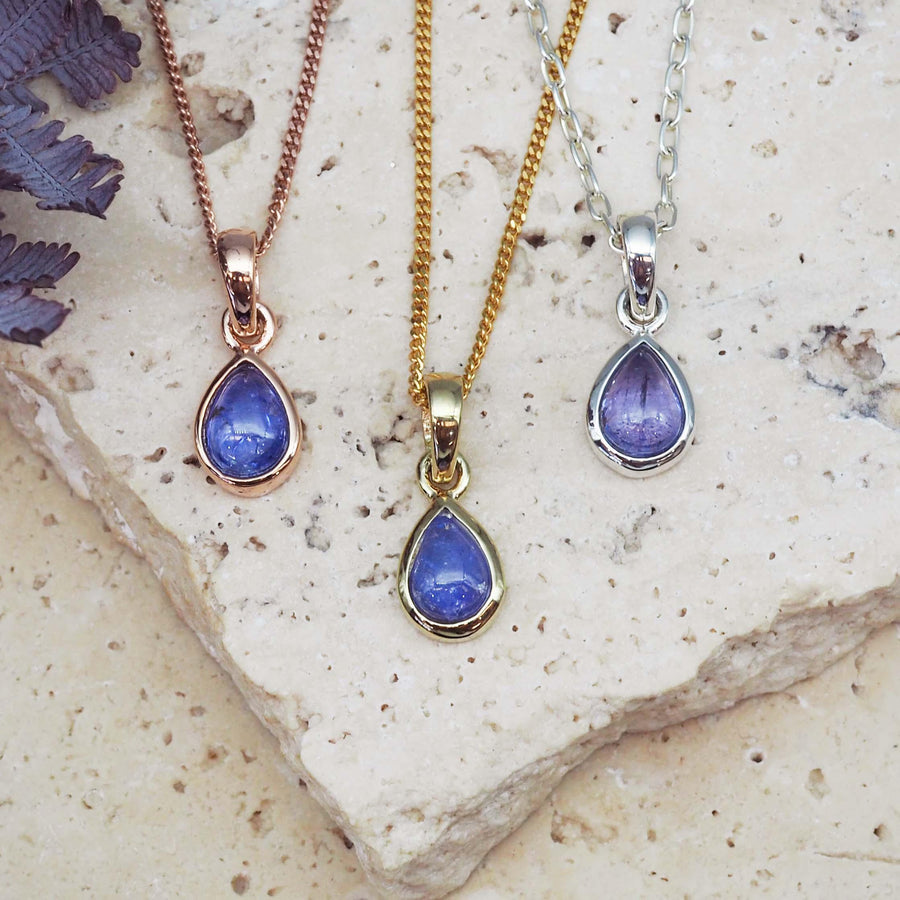 December Birthstone Necklaces in Rose Gold, Gold and Sterling Silver and containing natural Tanzanite crystals - december birthstone jewellery