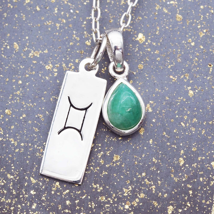 Gemini star sign and may Birthstone Necklace - sterling silver emerald Necklace - may birthstone jewellery Australia 