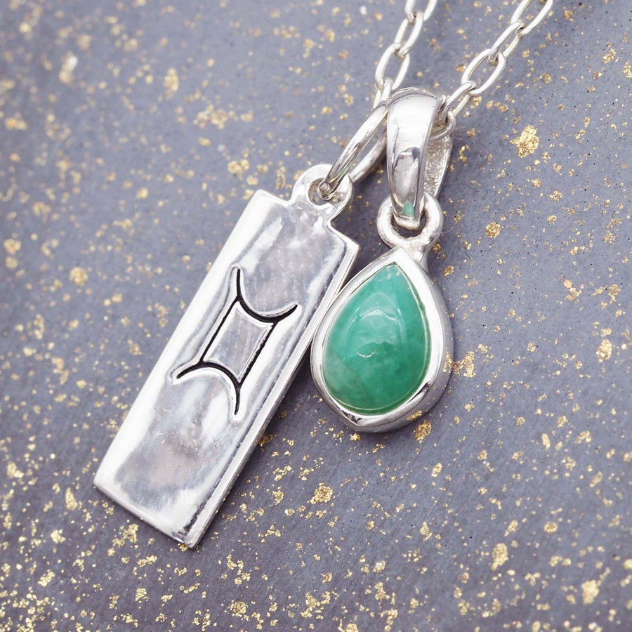 Gemini star sign and may Birthstone Necklace - sterling silver emerald Necklace - may birthstone jewellery Australia 