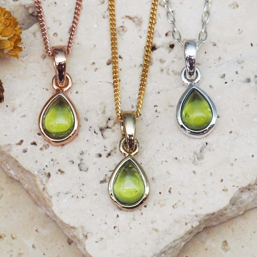 August Birthstone Necklaces made with peridot and hanging in rose gold, gold and sterling silver - womens August birthstone jewellery 