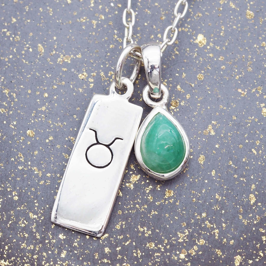 Zodiac Taurus and May Birthstone Necklace - Sterling Silver Emerald Necklace - May birthstone jewellery 